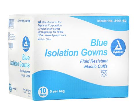 Dynarex Isolation Gowns, Fluid Resistant, Universal, Blue - Case of 50