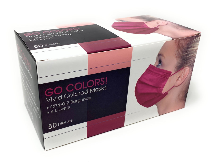 GO COLORS! Disposable 4 Layer Face Mask with 98% filtration, Burgundy - Box of 50