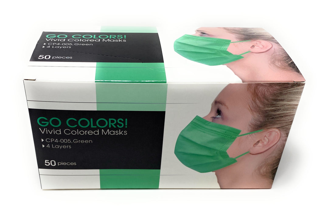 GO COLORS! Disposable 4 Layer Face Mask with 98% filtration, Green - Box of 50