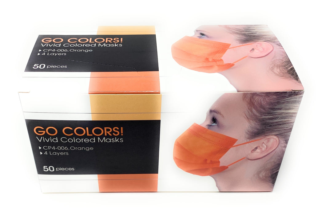 GO COLORS! Disposable 4 Layer Face Mask with 98% filtration, Orange - Box of 50