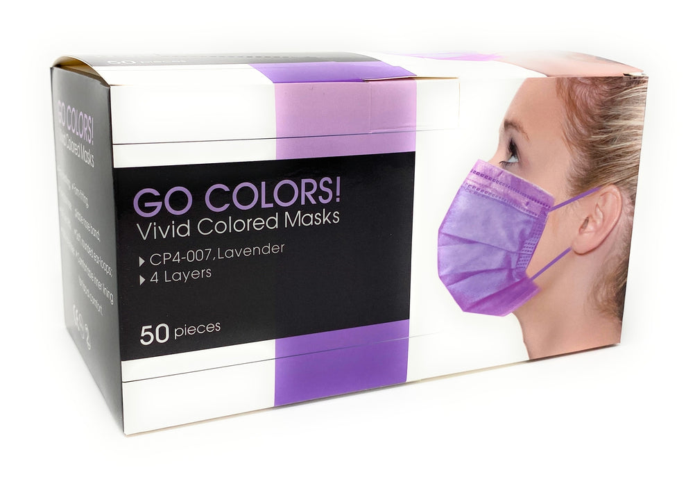 GO COLORS! Disposable 4 Layer Face Mask with 98% filtration, Lavender - Box of 50
