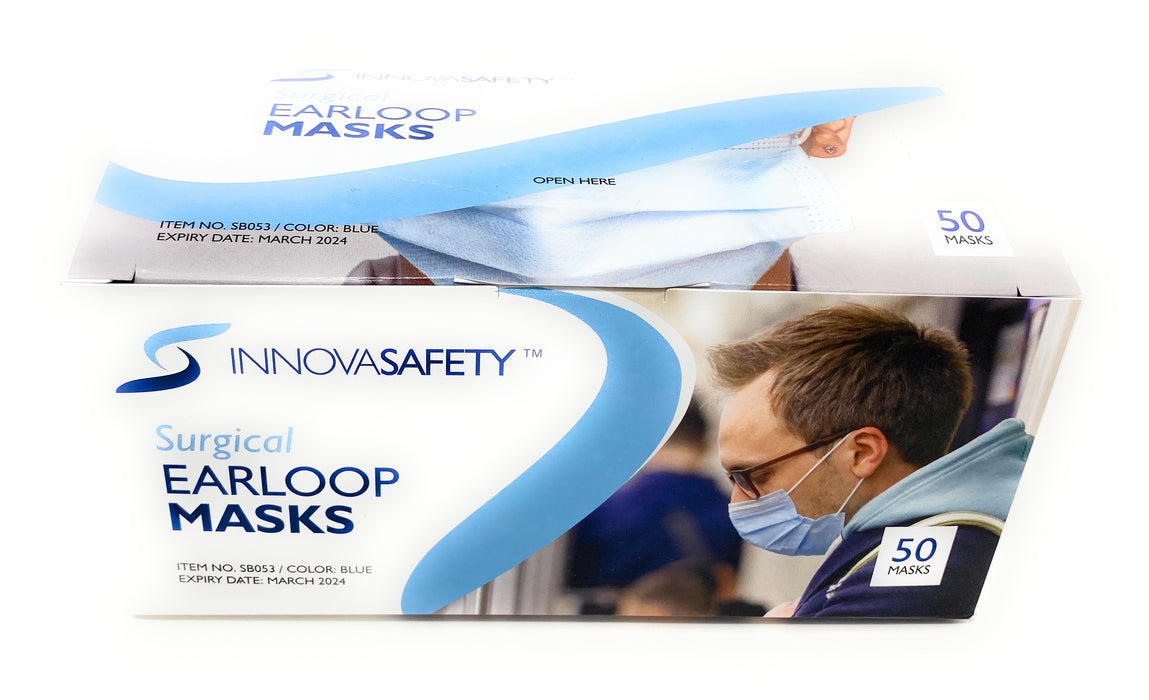 InnovaSafety Disposable Surgical Face Mask 3-Ply, Ear-Loop, High Quality, Blue - Box of 50