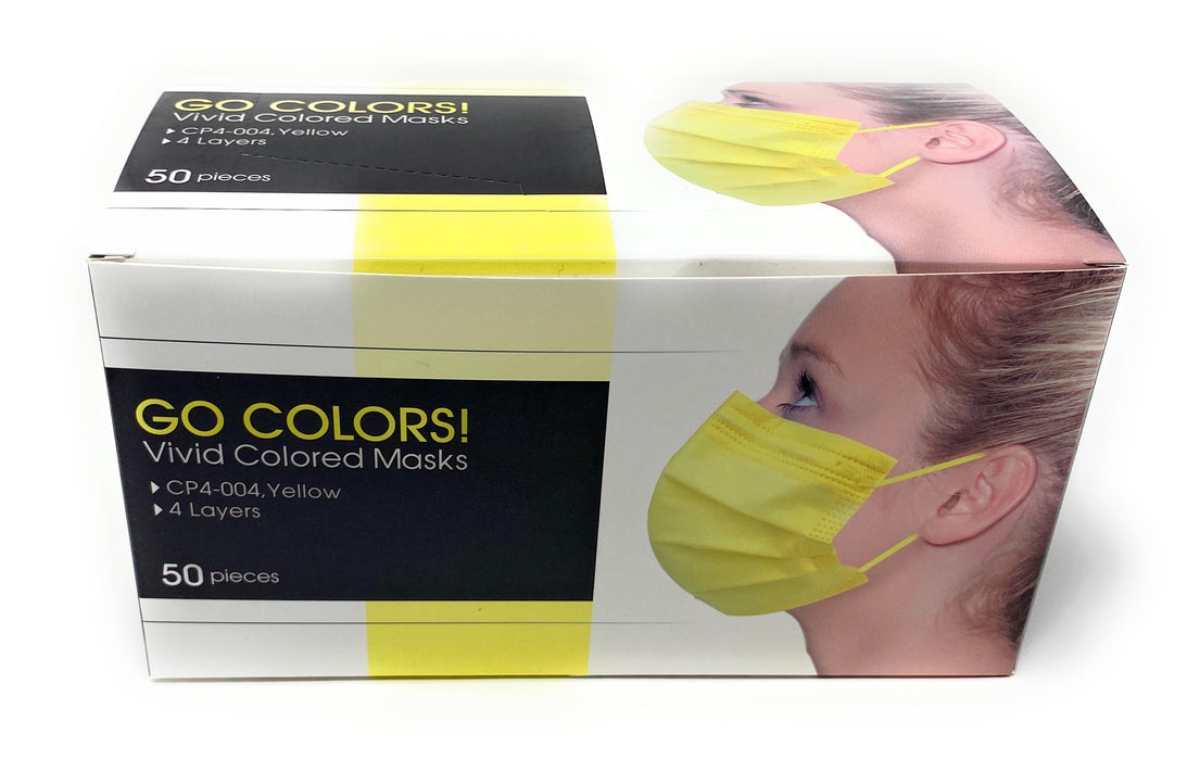 GO COLORS! Disposable 4 Layer Face Mask with 98% filtration, Yellow - Box of 50