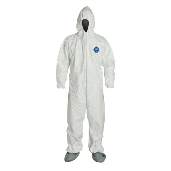 Tyvek Coverall with Fit Hood, Elastic Wrists, Attached Skid-Resistant Boots